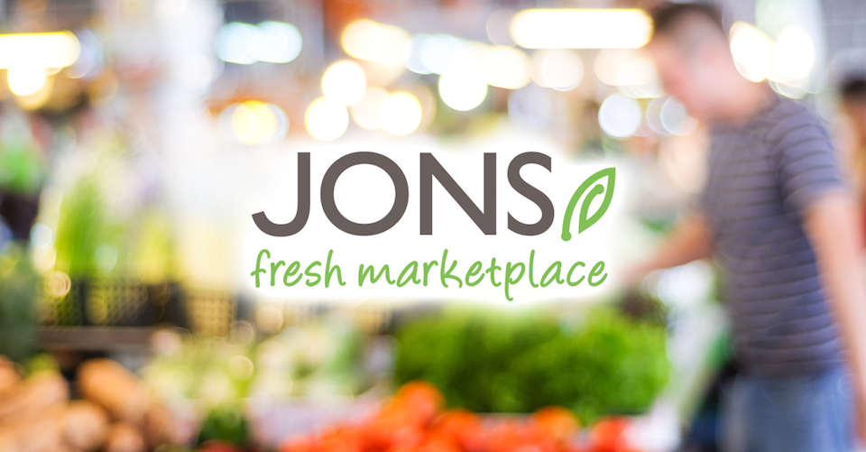 Jons Fresh Marketplace logo with shopping guy background